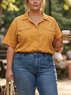 Women's 100% Cotton Short Sleeve Button-Down Shirt in Mustard